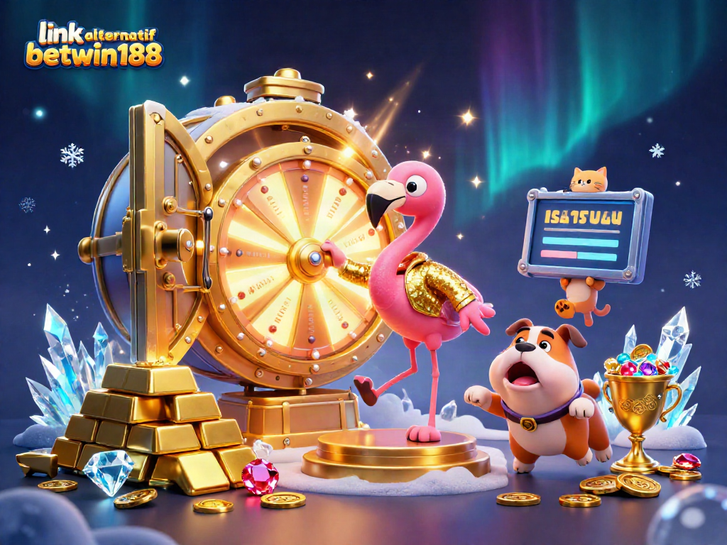 Spin to win with link alternatif betwin188 in a vibrant game show scene overflowing with prizes and treasure.