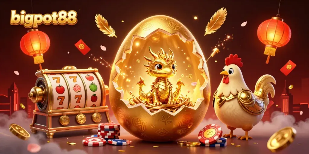 bigpot88 menampilkan ilustrasi kasino dengan naga emas yang dijaga ibu ayam di antara roda slot, simbol keberuntungan, dan koin jade