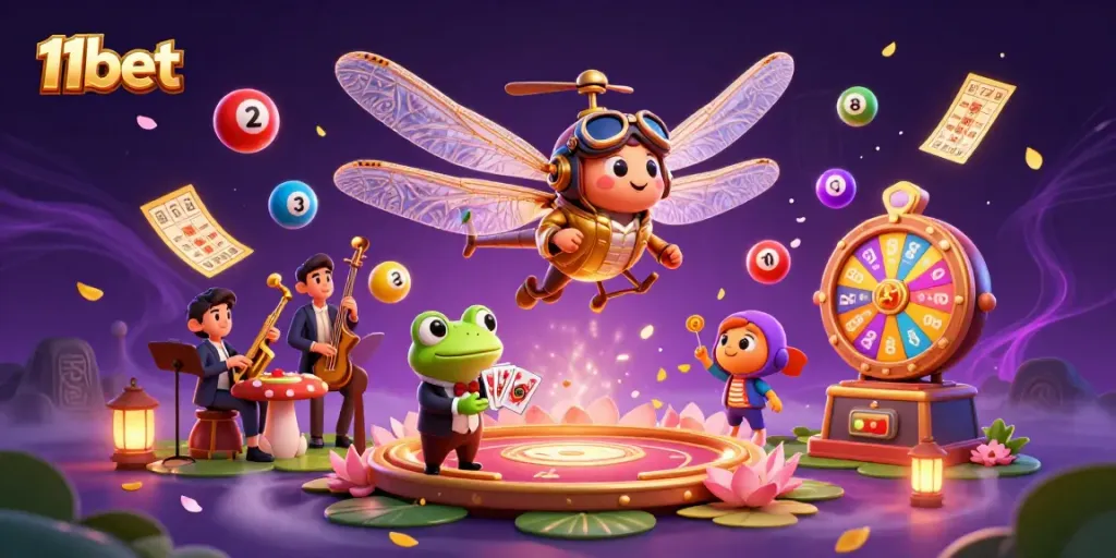 Engage with 11bet's thrilling gaming experience featuring vibrant casino elements and dynamic characters.
