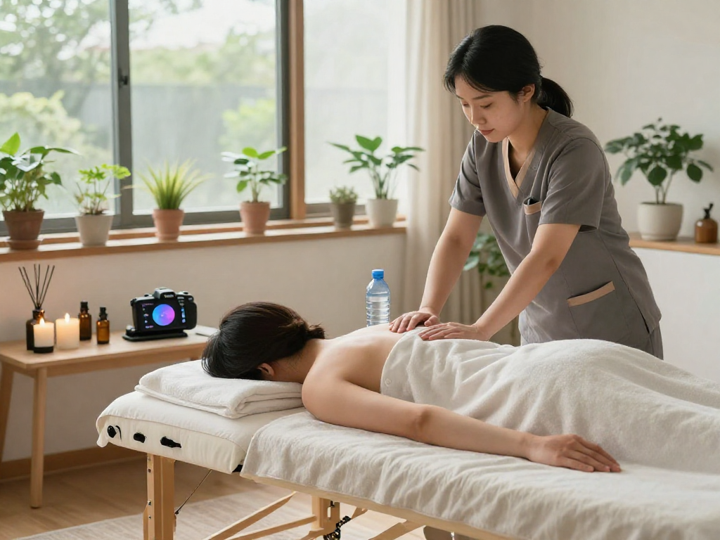 Relaxing 강남출장마사지 setup with a therapist in a serene home environment.