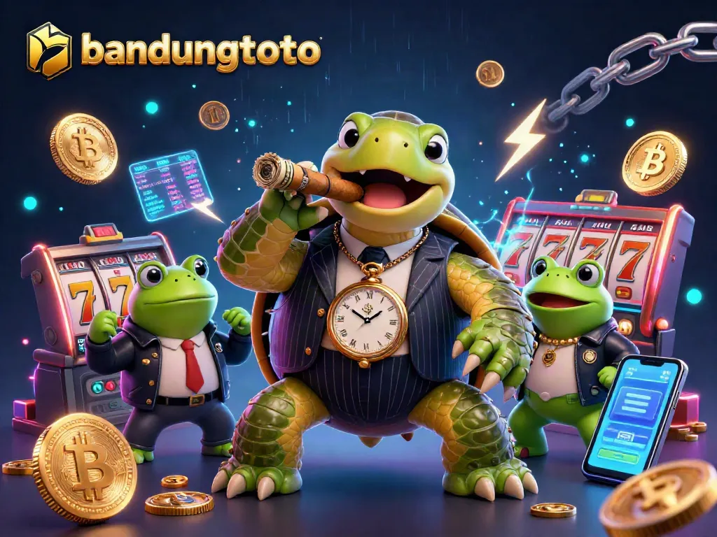Engage with the bandungtoto massive snapping turtle and bullfrog enforcers in an exciting casino scene full of vibrant slot and crypto elements.