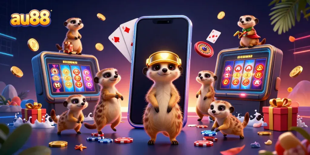 Experience thrilling gameplay at au88 with charming meerkats managing an upbeat casino scene.