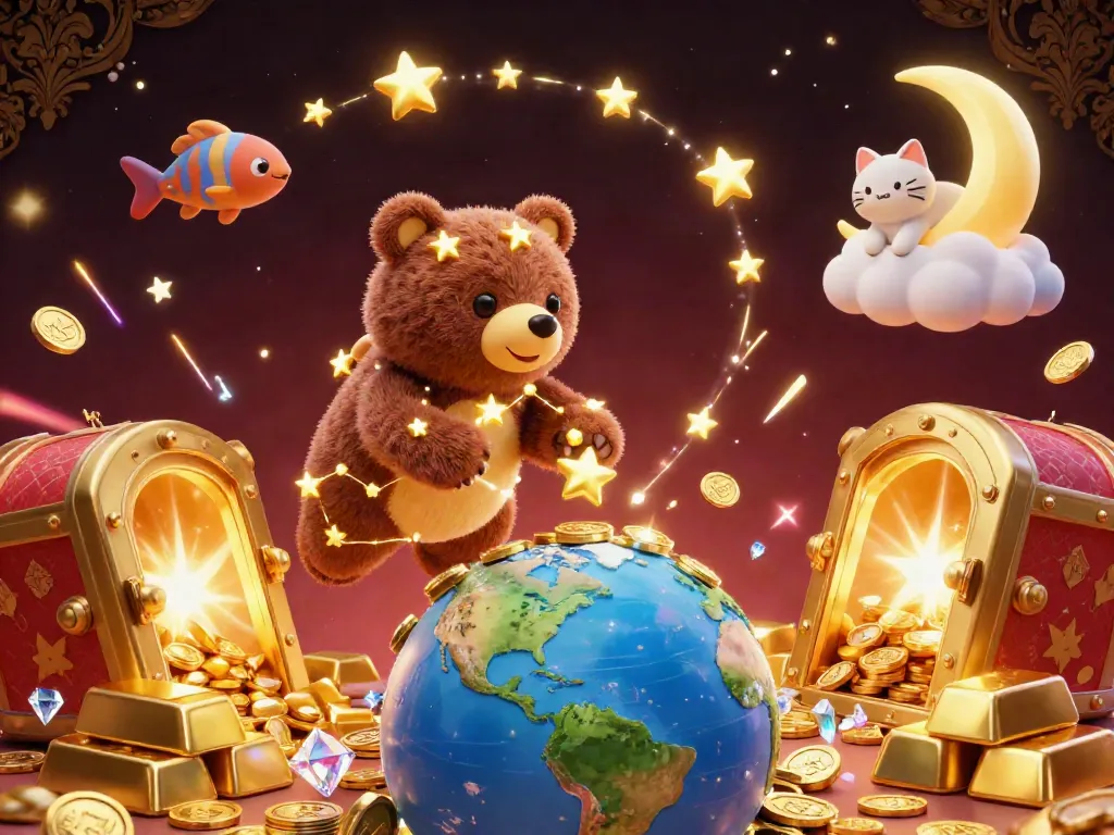 NiaStoto showcases a vibrant 3D illustration featuring a constellation bear collecting coins, highlighting a dynamic casino atmosphere.