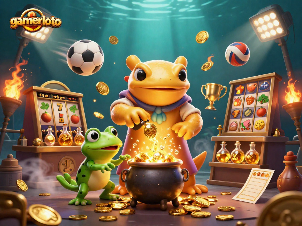 Experience the magic at gamerloto with a golden salamander and vibrant slot elements in a bustling casino.