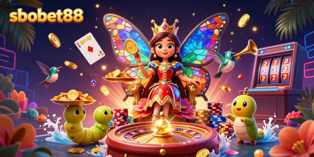 Experience thrilling moments with sbobet88, illustrated by a vibrant butterfly queen surrounded by casino elements.