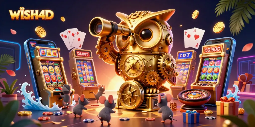Experience exciting gameplay with WISH4D's dynamic casino scene featuring golden owl and fun gaming elements.