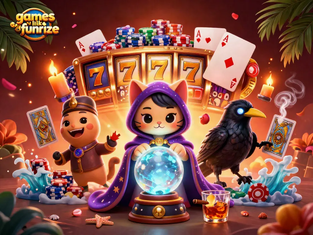 Experience exciting games like Funrize with vibrant slot reels, poker chips, and mystical characters.
