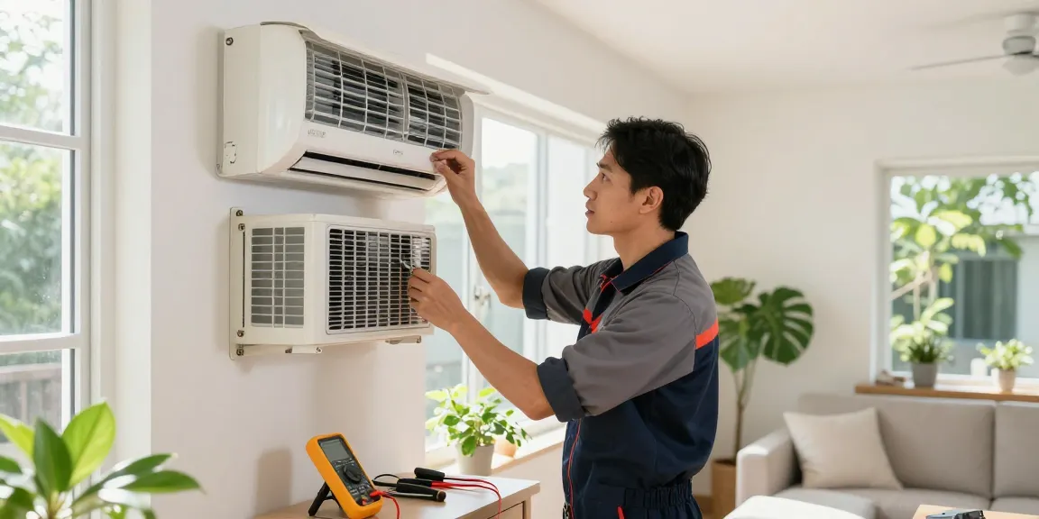 Technician performing Window AC repair in a bright home environment with tools laid out, ensuring customer satisfaction.