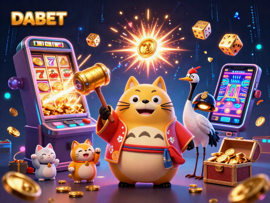 DABET offers thrilling fun with a cartoon tanuki and lucky symbols in a vibrant casino scene.