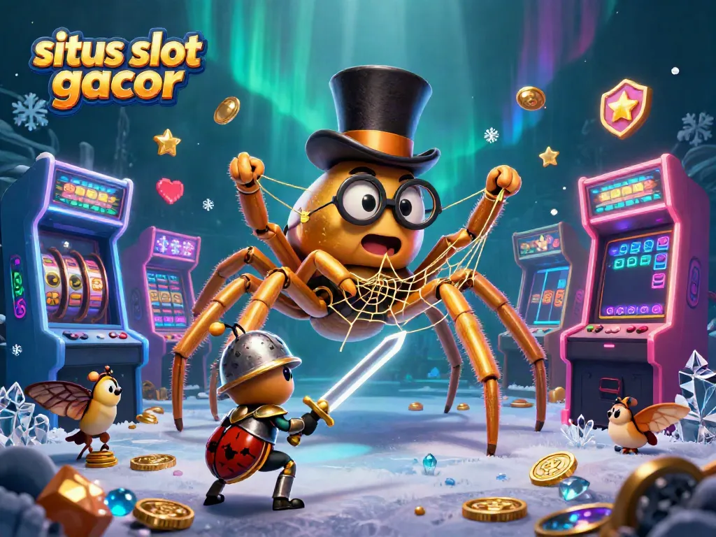 Engaging 3D illustration of situs slot gacor, featuring a golden tarantula weaving webs among vibrant game elements and a knight.