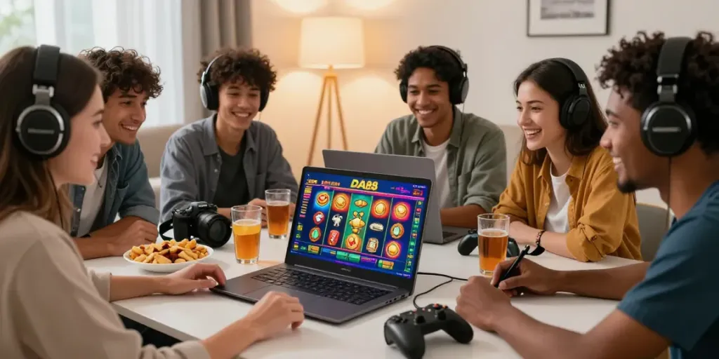 The engaging online gaming experience on https://da88z.net/ with friends enjoying a slot game in a cozy living room.