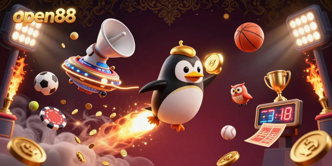 Experience thrilling action with open88 as a golden penguin navigates a casino space adventure.