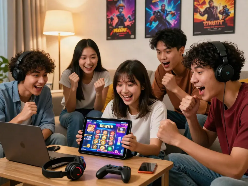 Grup muda bermain DEWI19 di ruang tamu yang nyaman, menunjukkan kegembiraan saat bermain slot gacor.