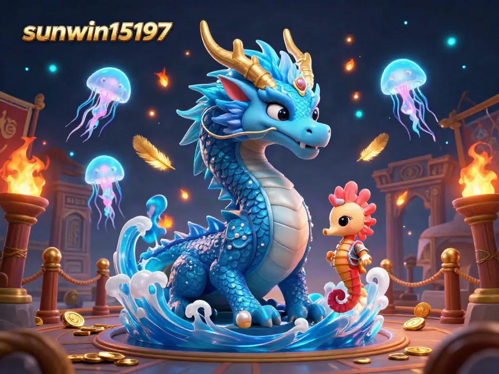 Experience thrilling gaming at sunwin15197 with an enchanting dragon, knight, and jellyfish in a vibrant 3D casino scene.