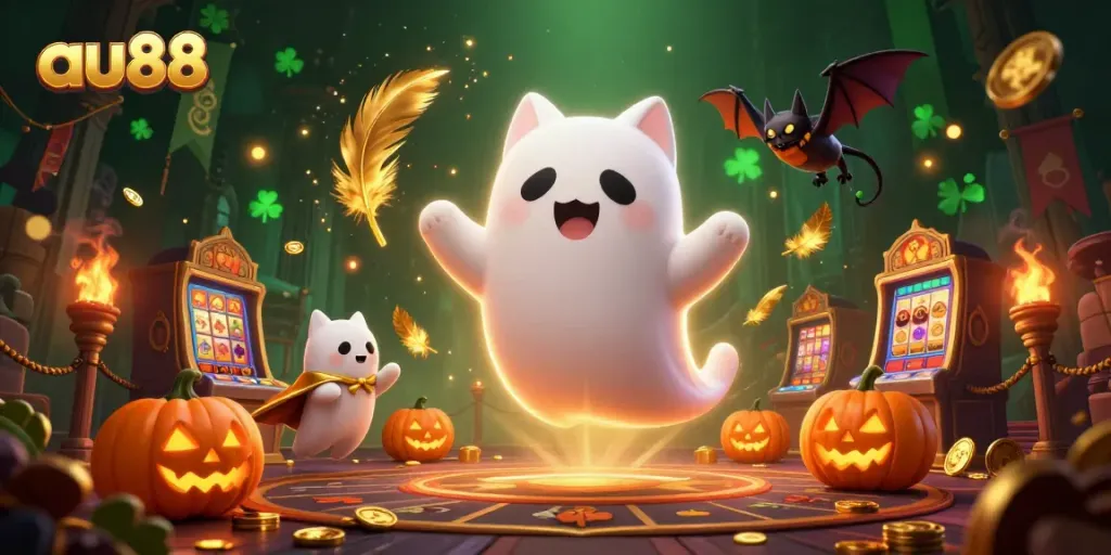 Play exciting games at AU88 with a vibrant ghost cat in a haunted casino scene