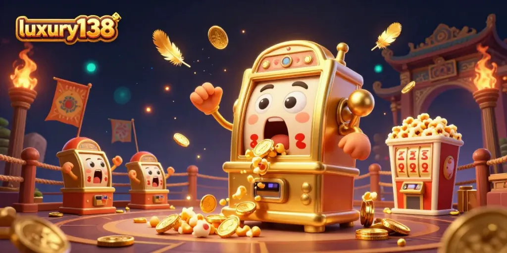 luxury138 showcases a golden slot machine hitting a jackpot amid cheering machines and dynamic casino elements, capturing thrilling gameplay.
