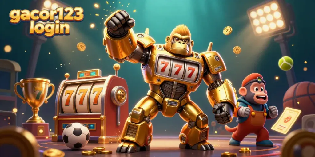 Engage with gacor123 login through a lively illustration depicting a golden gorilla mech amidst sports and gaming elements.