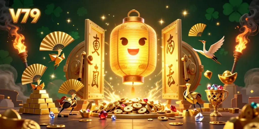 Khám phá không gian giải trí tại V79 với biểu tượng thần đèn vàng và những hũ vàng ngập tràn.