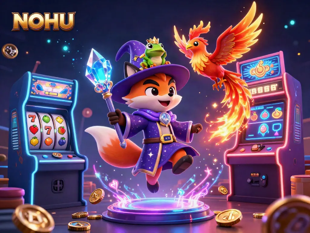 Experience NOHU's exciting gambling scene with a whimsical wizard fox and phoenix, adorned with vibrant game elements.