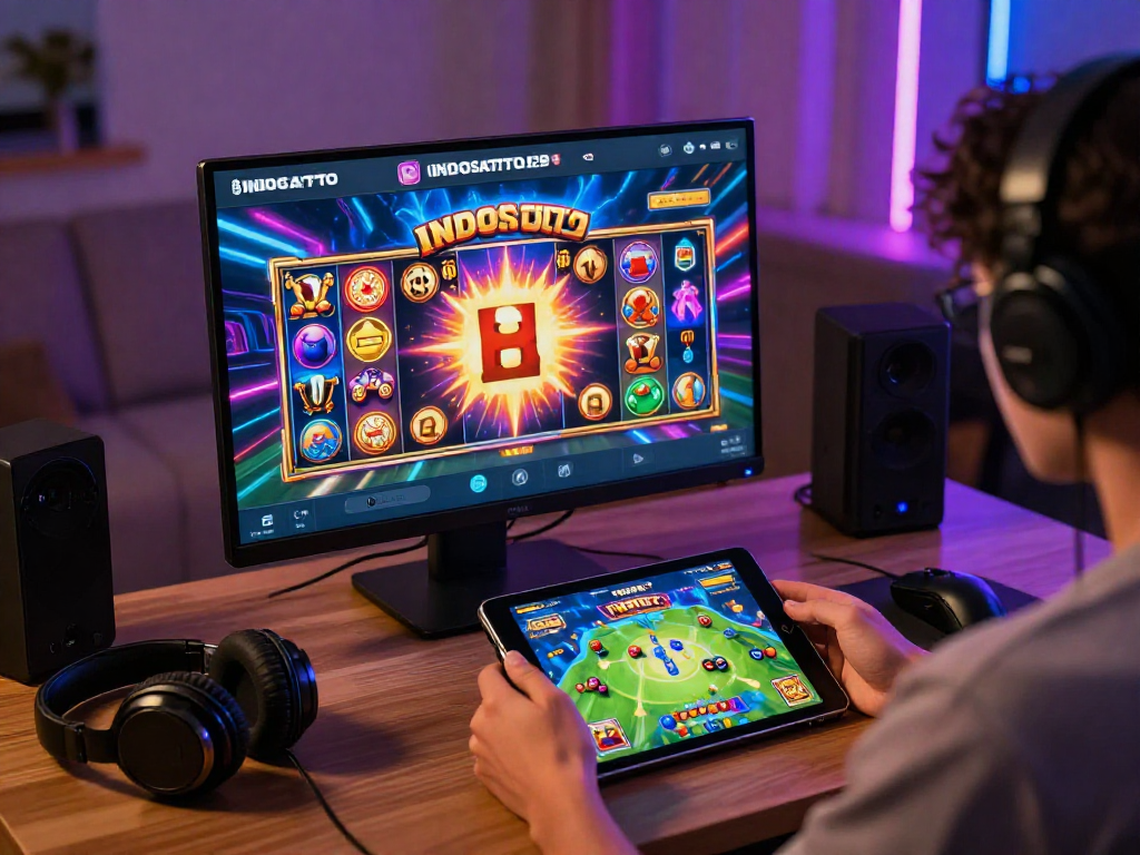 INDOSATOTO immersive gaming experience with a player engaged in vibrant slot visuals.