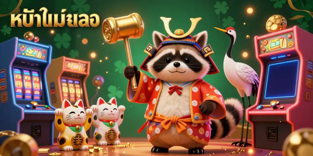 Engaging scene featuring หนังใหม่ชนโรง with a cheerful raccoon dog and a crane, surrounded by colorful casino elements and maneki-neko cats.