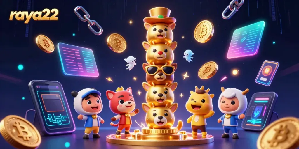 Permainan mengasyikkan raya22 dengan totem emas 3D dan koin kripto menyala saat memenangkan jackpot.