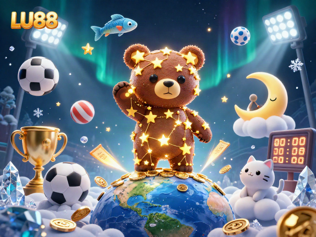 LU88 bettors enjoy a vibrant casino scene with 3D golden bears and sports elements flying around.