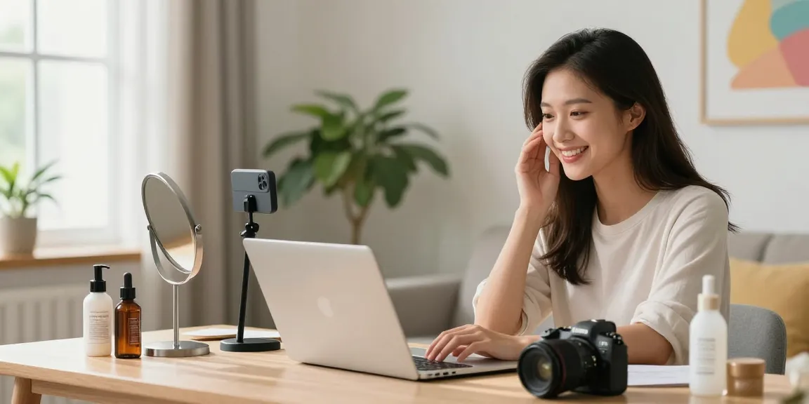 Woman taking an attractive test online with a laptop and beauty products around her.