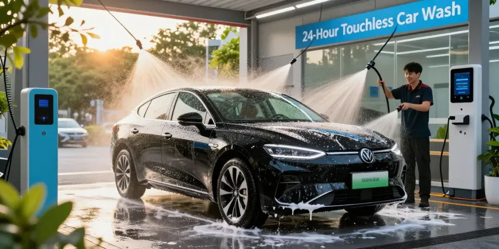 Touchless car wash near me Fort Worth with advanced technology and a sleek vehicle under high-pressure jets.