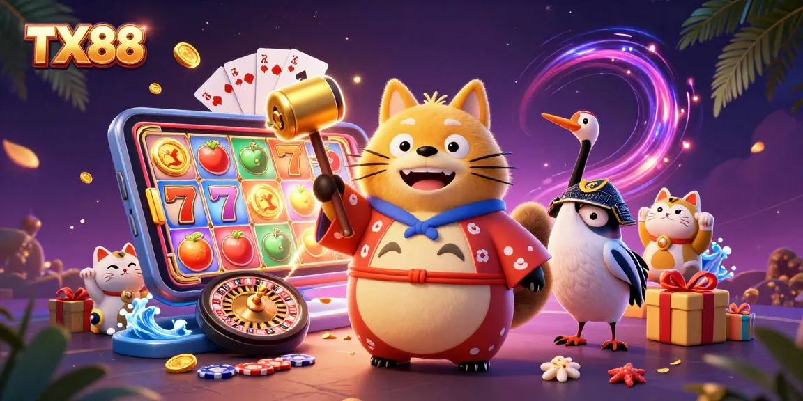 Play immersive TX88 games with cheerful characters and vibrant casino elements in a dynamic illustration.