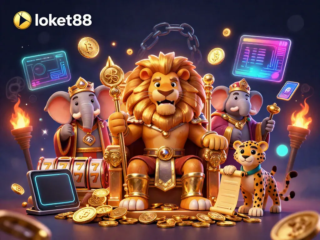 Experience the thrill of loket88 with an animated scene featuring a royal lion king, vibrant game elements, and cryptocurrency.