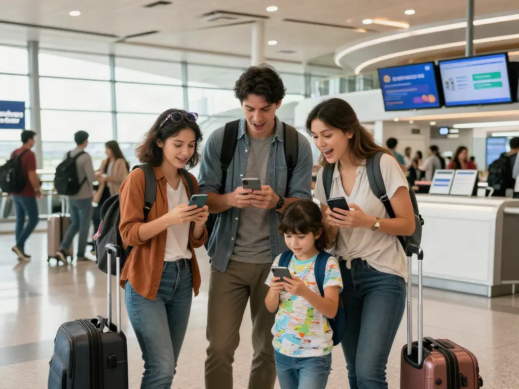 eSIM לחו"ל בזמן טיסה עם משפחה נלהבת בשדה תעופה בינלאומי