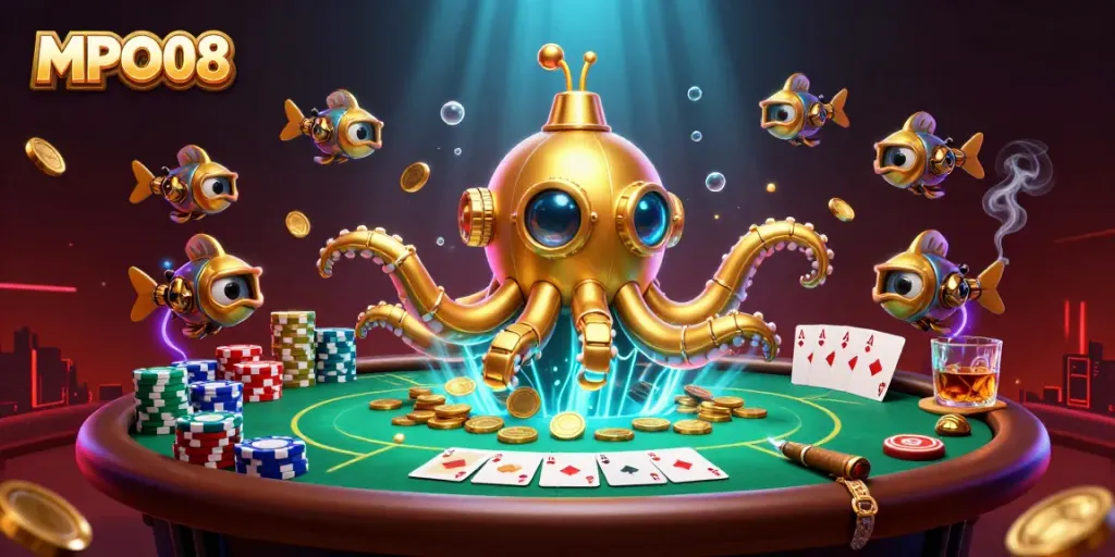 MPO08 showcases a vibrant casino scene featuring unique 3D characters surrounded by dynamic poker elements.