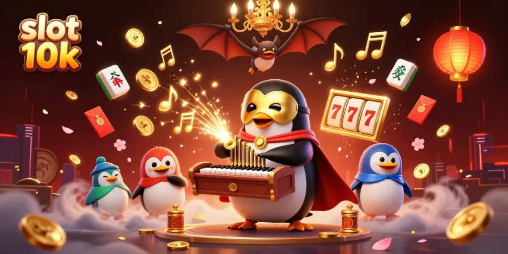 Experience the excitement with slot 10k as a penguin plays a pipe organ surrounded by golden symbols.