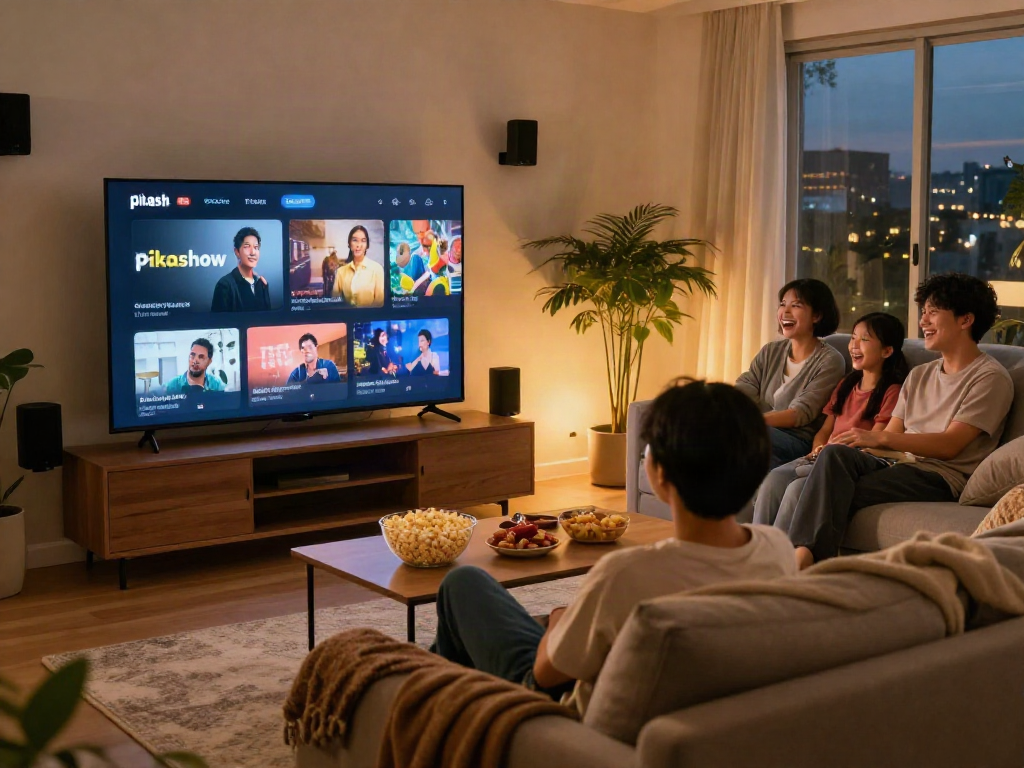 Pikashow streaming service scene with families enjoying a movie night at home.