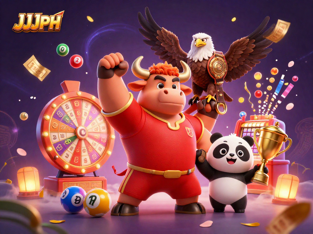 Experience JJJPH excitement with a vibrant 3D scene showcasing winning symbols and mascots.
