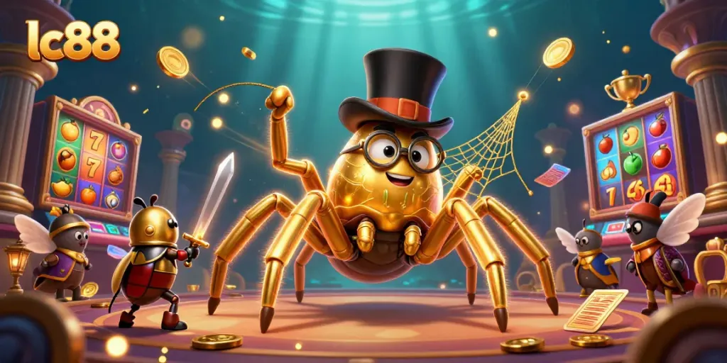 Engage in exhilarating gameplay at lc88 with a lively scene of a golden tarantula and beetle knight set in a casino.