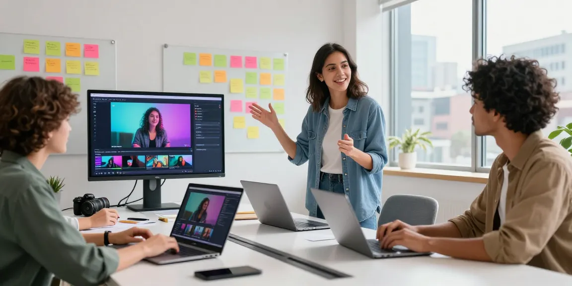 Team collaborating in a modern workspace to create engaging text to video ai content, illustrating teamwork and innovation.