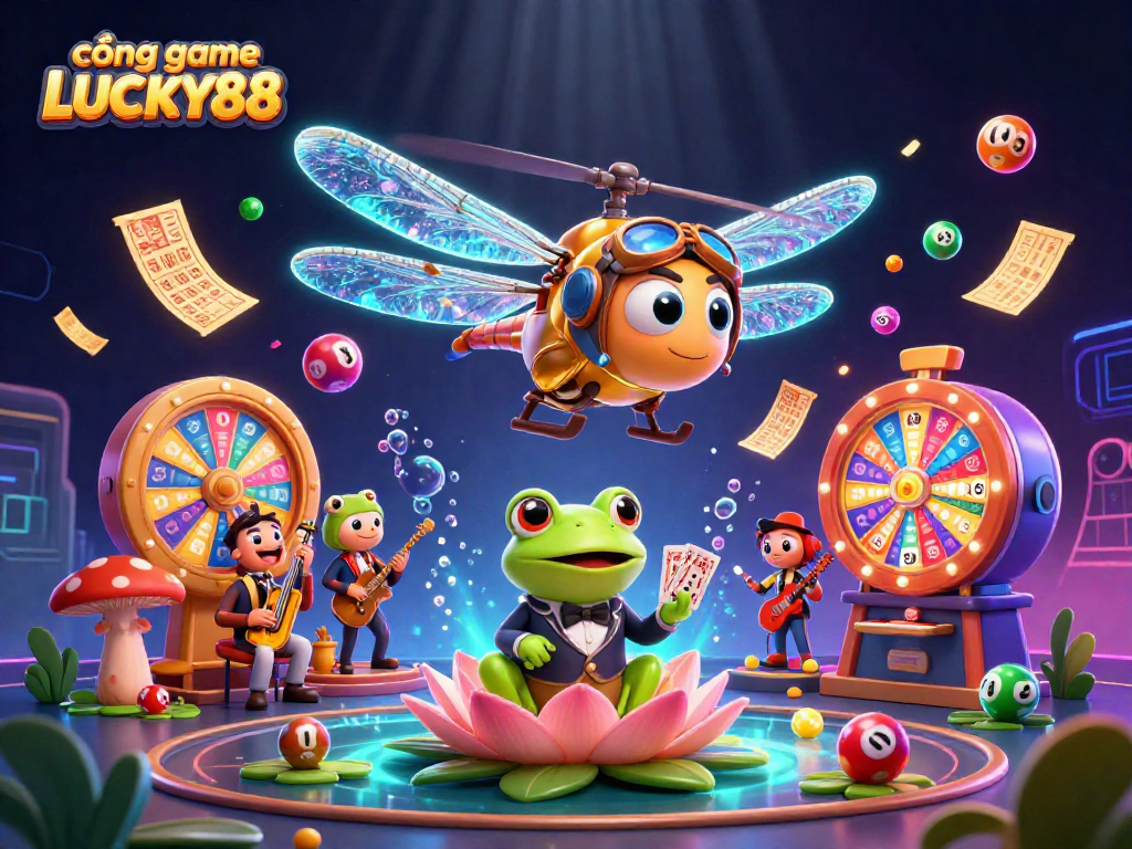 Cổng game LUCKY88 captivating a lively casino scene with dynamic lottery elements and animated characters.