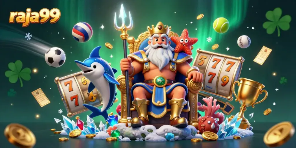 Engage in thrilling slots with raja99, showcasing a vibrant casino scene with dynamic game elements.