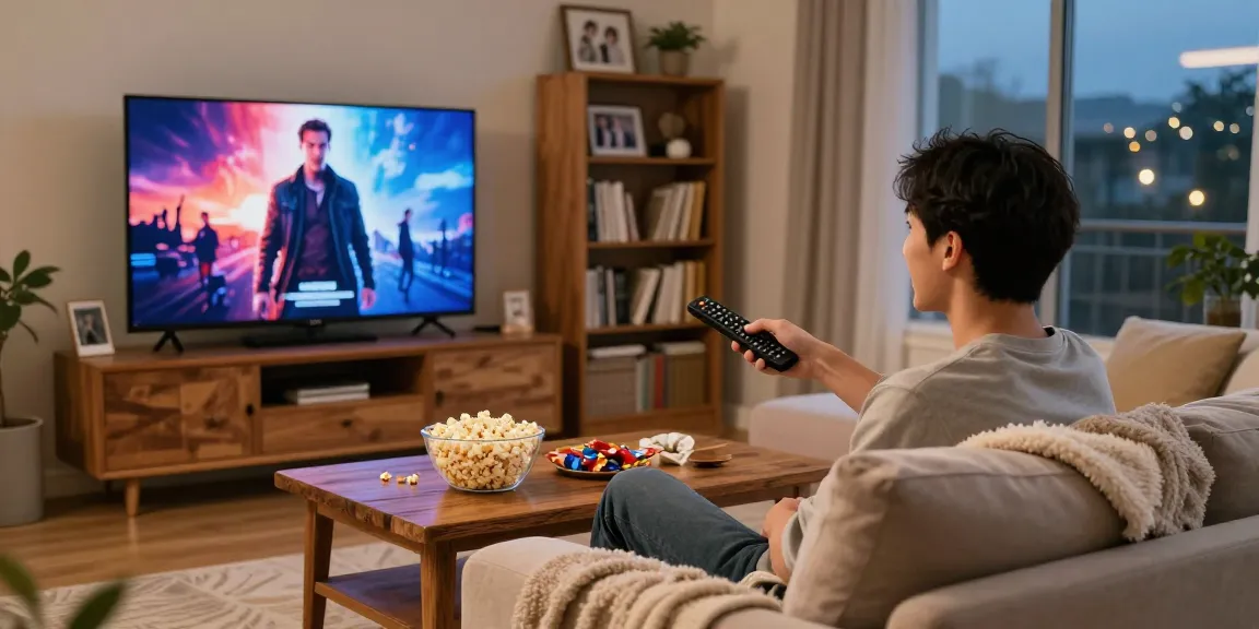 Watch Free Movies in a cozy living room with snacks and a vibrant movie display.