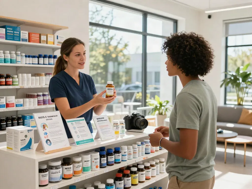Where to buy MOTS C peptide showcased in a wellness store with customer interaction.