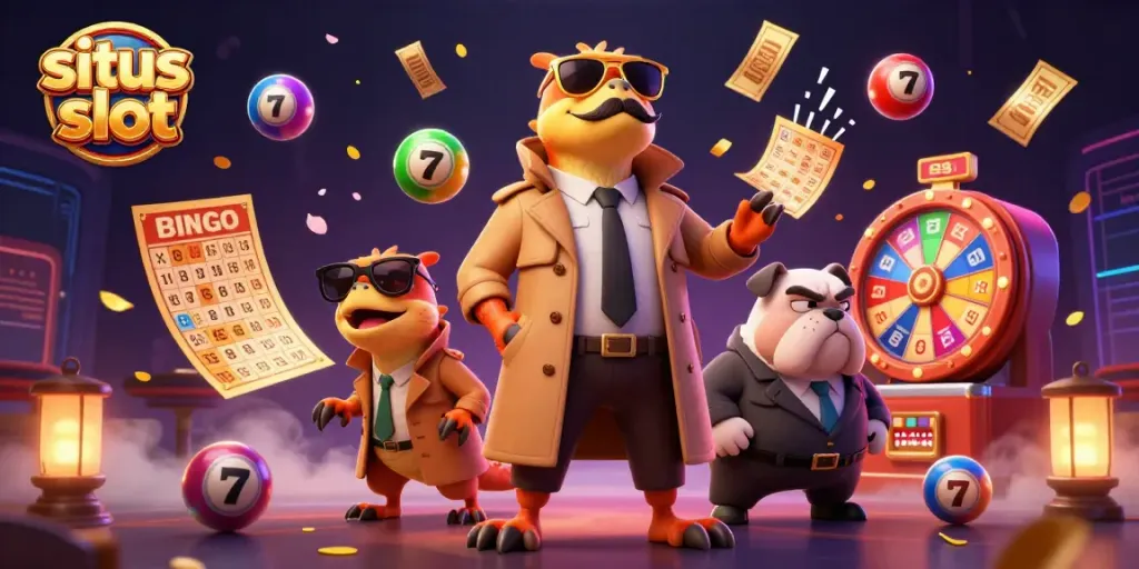 Engage with situs slot through vibrant casino scene featuring raptors, lucky symbols, and festive elements.