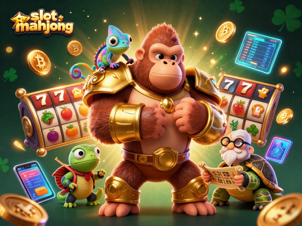 Slot mahjong yang menonjol, menampilkan karakter 3D seperti gorila, chameleon, dan kura-kura dalam suasana aksi perjudian.