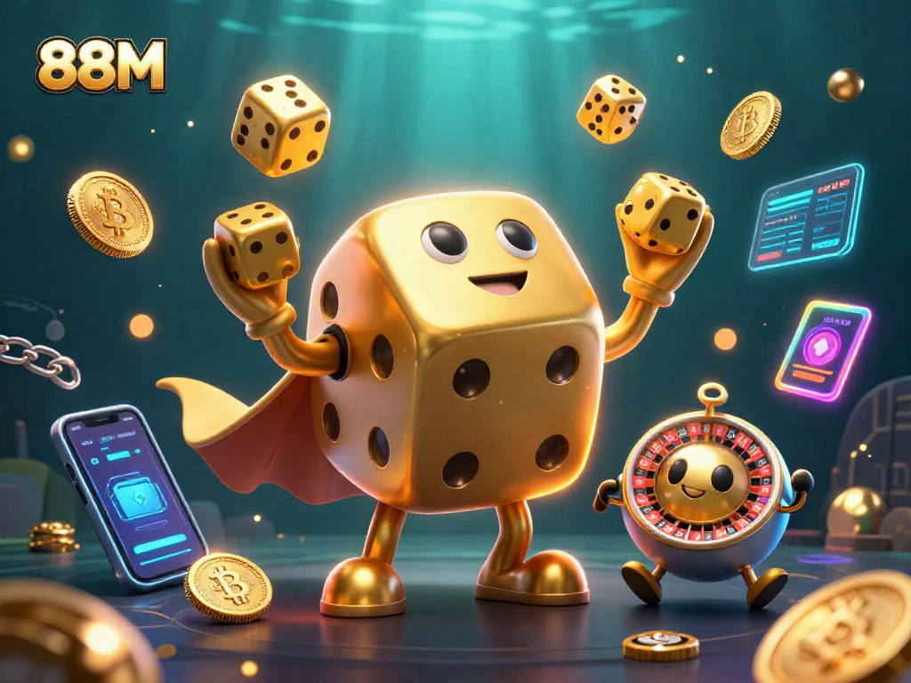 Engage with 88M's thrilling online casino experience, featuring dynamic golden dice and cryptocurrency elements.
