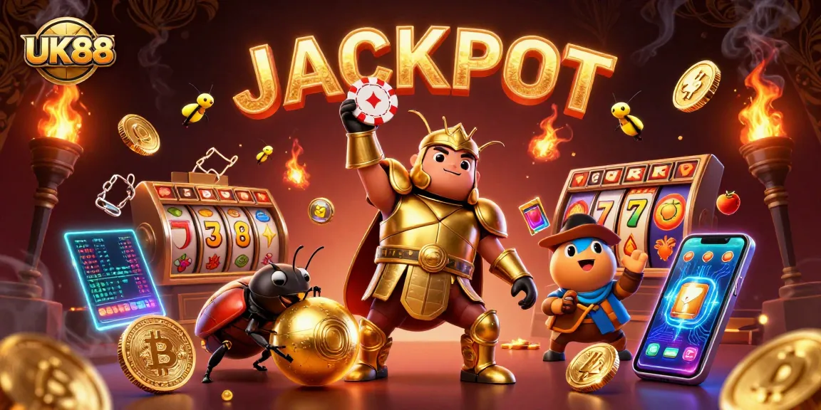 Play casino games with UK88, featuring a victorious beetle and striking neon crypto coins.