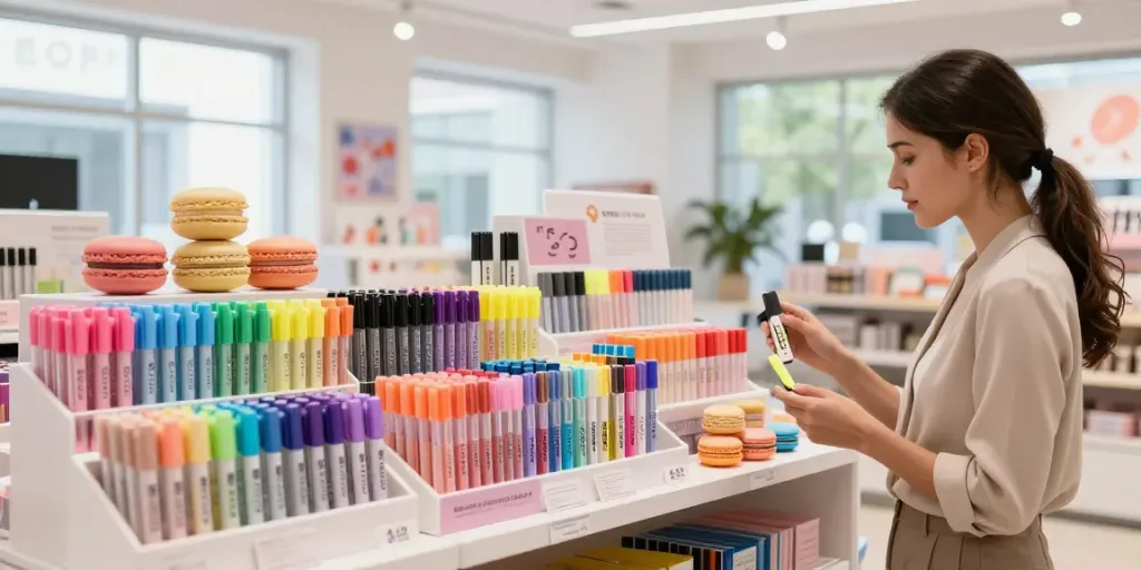 Highlighter pen supplier showcasing colorful erasable highlighters in a modern stationery store.