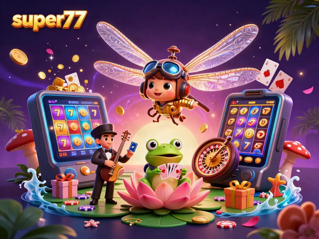 Experience thrilling slot action with super77 in a vibrant casino atmosphere featuring engaging characters.