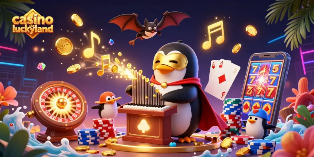 Play exciting games at a casino like LuckyLand with vibrant golden coins and engaging characters.