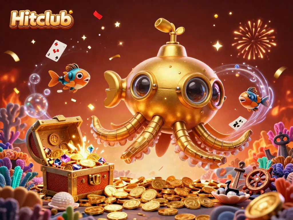 Hitclub showcases a golden kraken submarine in a vibrant sea of coins, creating a thrilling gaming atmosphere.